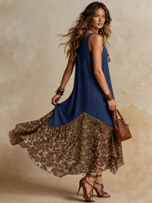 Solivie Contrast Leopard Print Ruffle Hem Tank Dress - Navy Blue - View 2