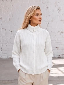 Faunlyn Cardigan Model Bahu Jatuh dengan Kancing Depan, Pakaian Musim Gugur untuk Wanita, Busana Musim Dingin untuk Wanita, Sweater Musim Gugur dan Musim Dingin untuk Wanita - Putih - View 5