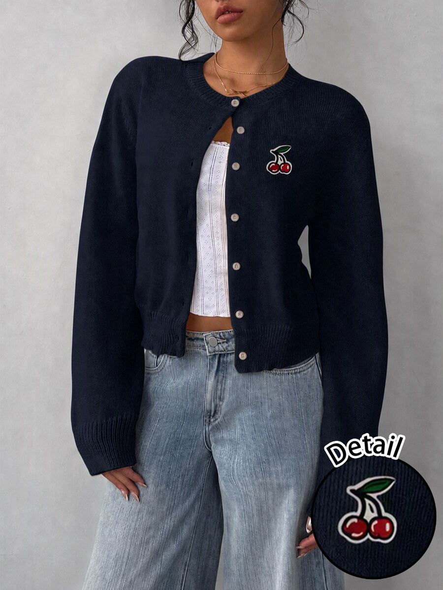 SHEIN BASICS 櫻桃刺繡前開扣開襟衫 - 彩色 - 查看 1