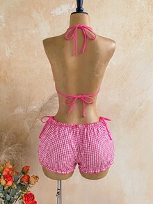 Soleia Plaid Print Smocked Halter Triangle Bikini Swimwears Bathing Beach Honeymoon Party Hot Pink Pink Summer Sexy - Hot Pink - View 6