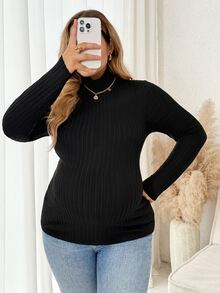 Plussiva Top de punto acanalado con cuello alto falso talla grande - Rosa Oxidada - Ver 4
