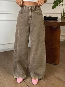 DAZY Celana Jeans Pinggang Tinggi dengan Potongan Lebar untuk Liburan Musim Gugur - Khaki - View 4