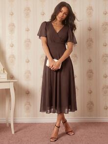 Amorya Surplice Neck Butterfly Sleeve Midi Dress - Coffee - View 6