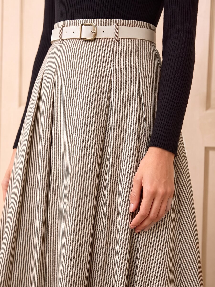 SHEIN Clasi Plus High Waist Pleated Skirt Without Belt Fall - Khaki - View 1