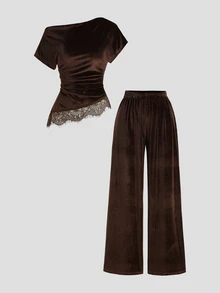 Sweetra Asymmetrical Shoulder Contrast Lace Ruched Waist Velvet Tee & Wide Leg Pants Set - Coffee Brown - View 3