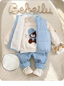 Baby Boy 3pcs Embroidery Bear Pattern Thermal Lined Vest Jacket & Sweatpants & Sweatshirt - Blue - View 1