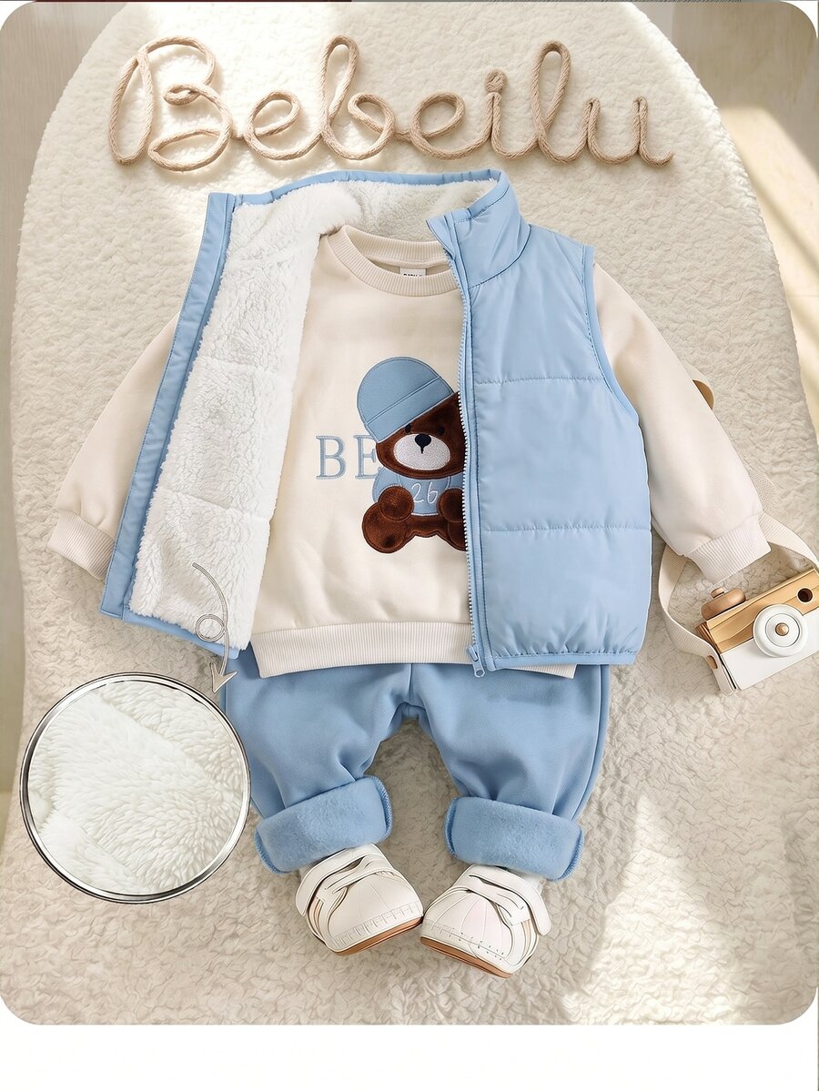 Baby Boy 3pcs Embroidery Bear Pattern Thermal Lined Vest Jacket & Sweatpants & Sweatshirt - Blue - View 1