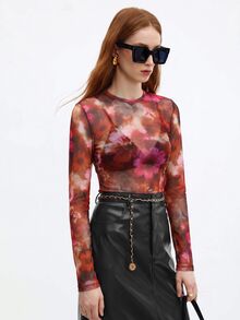 BizChic Pink Floral Mesh Top Without Bra Night Out Party Autumn Sexy - Orange - View 4