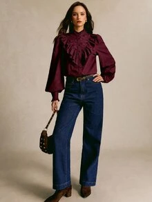 CielaLinda Schiffy Insert Ruffle Trim Lantern Sleeve Shirt - Burgundy - View 6