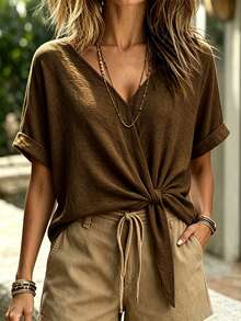 Linhara CURVE Blusa de talla grande con nudo delantero de color sólido - Marrón - Ver 6