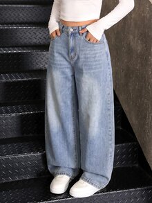 SHEIN 1 pieza de jeans de pierna ancha lavados para adolescentes - Lavado ligero - Ver 4