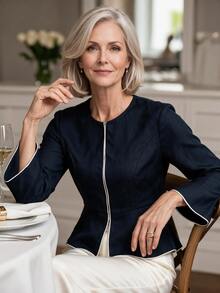 Offisola Women Senior Contrast Binding Flounce Sleeve Peplum Jacket - Navy Blue - View 5