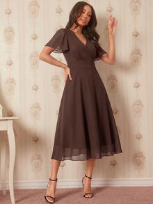 Amorya Surplice Neck Butterfly Sleeve Midi Dress - Coffee - View 7