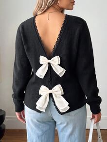 Vionelle Sweater Ukuran Besar untuk Makan Malam Formal, Kencan Malam, Malam Hari, Hitam Putih, Musim Gugur, Kasual, Peri, Peri, Imut, Musim Dingin - Hitam - View 1