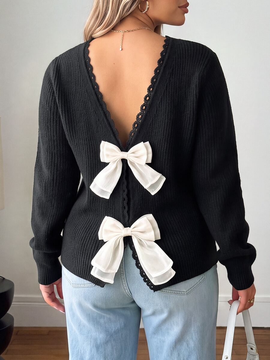 Vionelle Sweater Ukuran Besar untuk Makan Malam Formal, Kencan Malam, Malam Hari, Hitam Putih, Musim Gugur, Kasual, Peri, Peri, Imut, Musim Dingin - Hitam - View 1