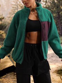Exploreva Chaqueta de forro polar con cremallera y bloques de color - Verde - Ver 7