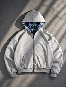 ROMWE MEN Street Life Men Plaid Zip Up Hooded Jacket - Grey - View 1