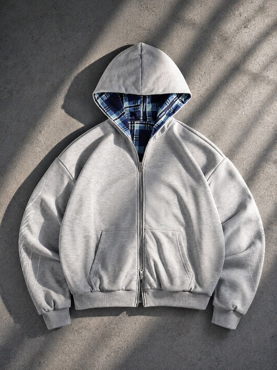 ROMWE MEN Street Life Men Plaid Zip Up Hooded Jacket - Grey - View 1