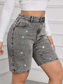 SHEIN Tall 水鑽裝飾牛仔短褲 - 淺灰色 - 查看 5