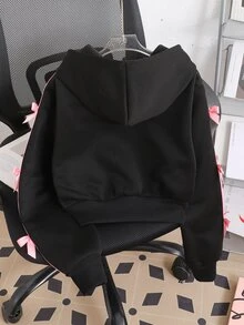 少女蝴蝶結裝飾對比色側邊膠帶連帽衛衣 - 黑色 - 查看 2