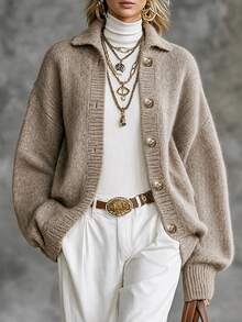 SHEIN Drop Shoulder Button Front Cardigan - Khaki - View 1