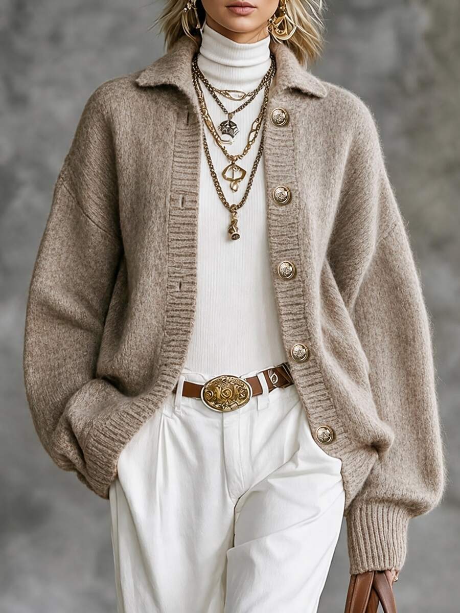 SHEIN Drop Shoulder Button Front Cardigan - Khaki - View 1
