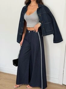 SHEIN Celana Jeans Kaki Lebar dengan Pita Kontras Pinggang Tinggi - Navy Blue - View 5