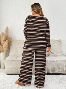 Plussiva Plus-Size Striped Print Drop-Shoulder T-Shirt And Pants Set (Autumn Style) – Casual Everyday Wear  Fall/Winter - Brown - View 2