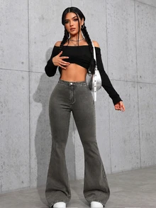SHEIN ICON 1件高腰喇叭褲牛仔褲 - 黑色 - 查看 3