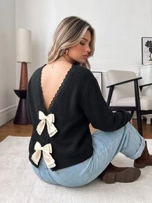 Vionelle Sweater Ukuran Besar untuk Makan Malam Formal, Kencan Malam, Malam Hari, Hitam Putih, Musim Gugur, Kasual, Peri, Peri, Imut, Musim Dingin - Hitam - View 4