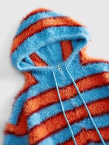 ROMWE MEN Men Color Block Striped Pattern Kangaroo Pocket Drawstring Hooded Zip Up Cardigan - Blue - View 2