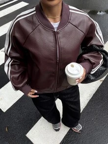 DAZY Contrast Side Seam Raglan Sleeve Bomber Leather Jacket Fall - Burgundy - View 3