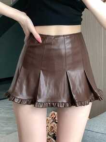DAZY Solid Fold Pleated Frill Hem PU Leather Skirt Fall Y2k - Brown - View 6