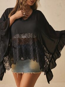 Freevana Plus Contrast Lace Batwing Sleeve Mesh Top Without Bra Fall - Black - View 3