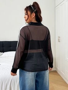 SHEIN EZwear Plus Contrast Side Seam Sheer Mesh Tee Without Bra Fall - Multicolor - View 2