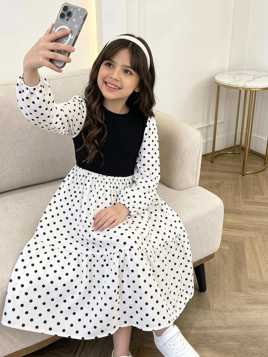 SHEIN Girls Polka Dot Print Lantern Sleeve 2 In 1 Dress - Black and White - View 1