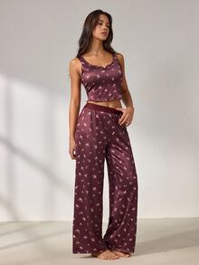 Lowkey Lull Heart Print Lettuce Trim PJ Set Sleep Home Dark Purple Summer Cute Kawaii - Brown - View 5