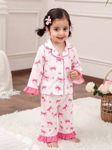 SHEIN Conjunto de pijama para niña bebé con estampado de lazos, ribete de contraste y volantes - Blanco - Ver 4