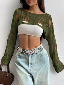 Flirla 1pc Open Knit Crop Sweater - Green - View 6
