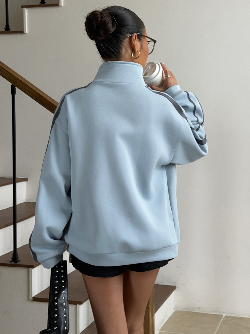 Contrast Piping Zip Up Drop Shoulder Jacket Fall