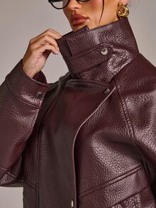 SHEIN BAE Jaket Kulit PU dengan Resleting - Burgundy - View 4