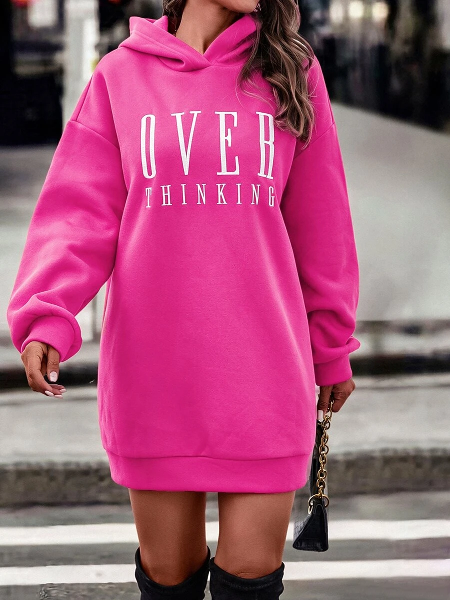 SHEIN 字母圖案落肩連帽衛衣洋裝 - 玫紅色 - 查看 1