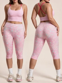 SHEIN Sports 大尺碼豹紋寬腰帶七分運動緊身褲 - 彩色 - 查看 7