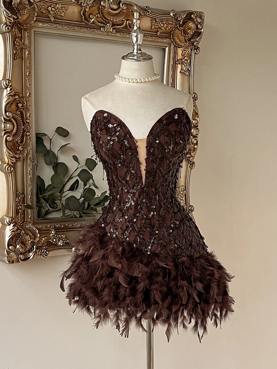 Lovelzi Elegant Coffee Brown Sequin Embroidered Feather Fringe Strapless Sweetheart Corset A Line Short Mini Prom Homecoming Cocktail Formal Evening Dress - Coffee Brown - View 1