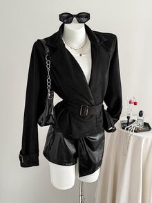 Elamini Lapel Neck Belted Trench Coat - Black - View 1