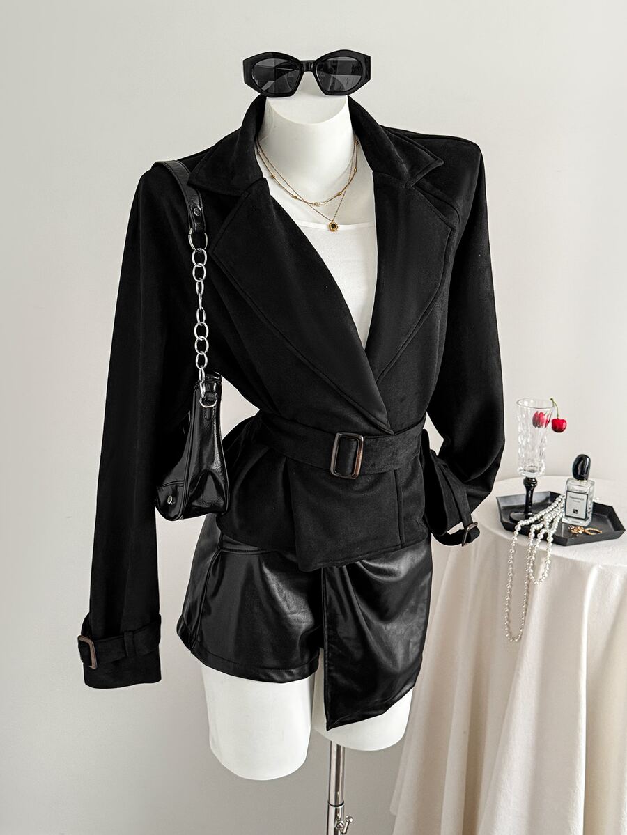 Elamini Lapel Neck Belted Trench Coat - Black - View 1