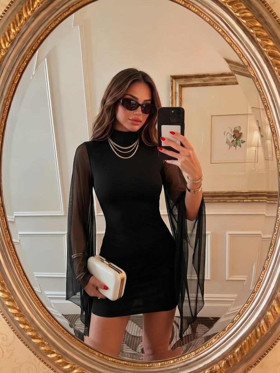 Sunnyshic Mock Neck Contrast Mesh Cloak Sleeve Bodycon Dress - Black - View 1