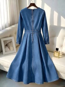 GlowEve Solid Zip Back Denim Dress Brunch Light Blue Autumn Casual Elegant - Medium Wash - View 3