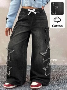 Tween Girl Drawstring Waist Flap Pocket Side Raw Edge Star Pattern Cargo Jeans - Black - View 4