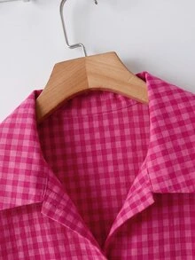 Comfylo Camisa de hombros caídos con estampado de cuadros y bolso - Rosa Fucsia - Ver 4